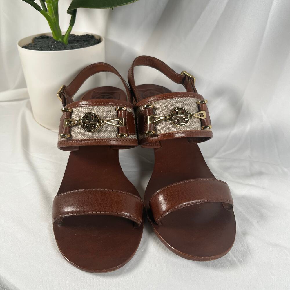 TORY BURCH Lowell Linen and Leather Block Heel Slingback Gold Hardware Sandals - Picture 2 of 10
